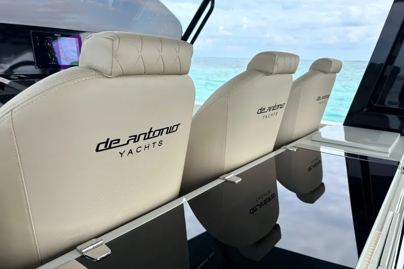 2025 De Antonio Yachts D42 @ Cancun Yacht Photos Pics Luxury seating on 2025 De Antonio Yachts D42, featuring elegant design and ocean view.