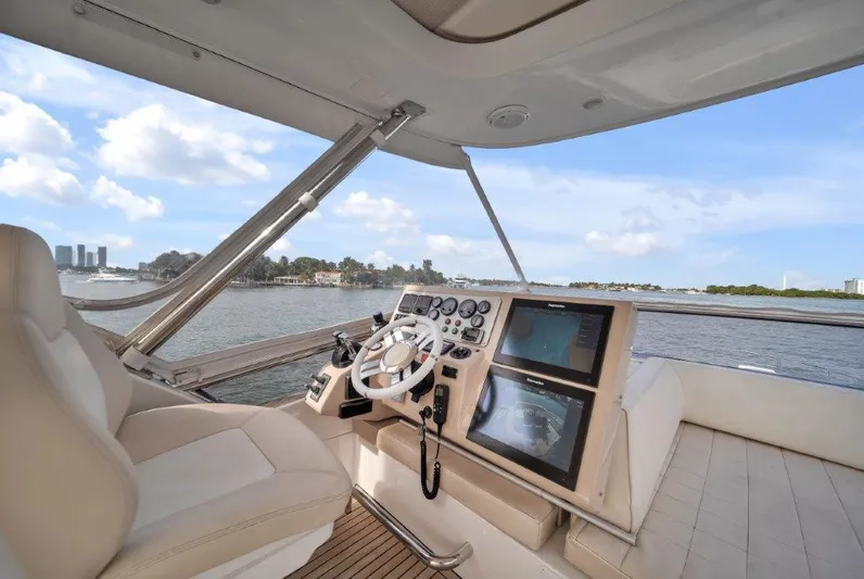  Yacht Photos Pics 2014 Azimut 64 Flybridge yacht helm with modern controls and scenic water view.