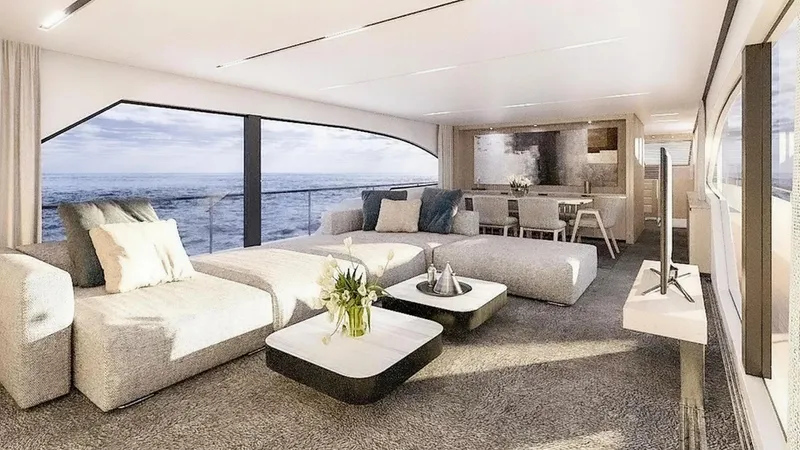 Tureddi 92 Yacht Photos Pics Luxurious Tureddi 92 yacht interior, 2026 model, featuring elegant seating and ocean views.