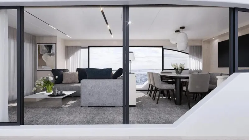 Tureddi 92 Yacht Photos Pics Luxurious interior of 2026 Tureddi 92 yacht with modern decor and ocean view.