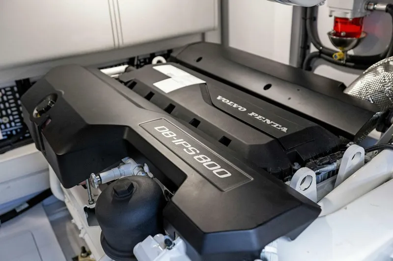 Twin Magic Yacht Photos Pics Engine compartment of 2025 Princess F50 yacht with Volvo Penta D8-IPS 800 engine.