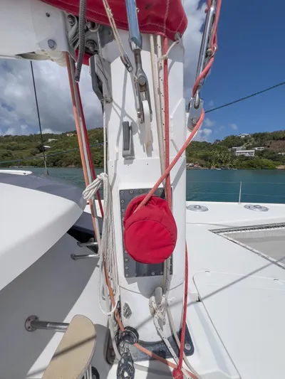 Stella Maris Yacht Photos Pics Close-up of 2008 Fountaine Pajot Eleuthera 60 sailboat rigging and deck details.