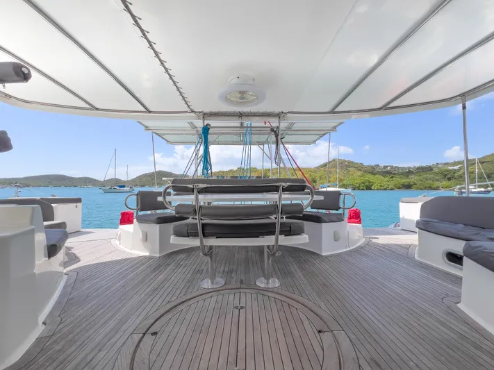 Stella Maris Yacht Photos Pics Spacious deck of 2008 Fountaine Pajot Eleuthera 60 catamaran with scenic ocean view.