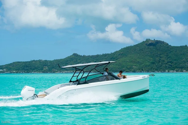  Yacht Photos Pics Modern Rand Supreme 27 boat cruising on turquoise waters, 2025 model.