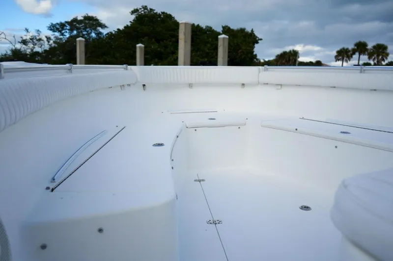  Yacht Photos Pics 2008 Buddy Davis 28 Center Console boat interior with white seating and open deck.