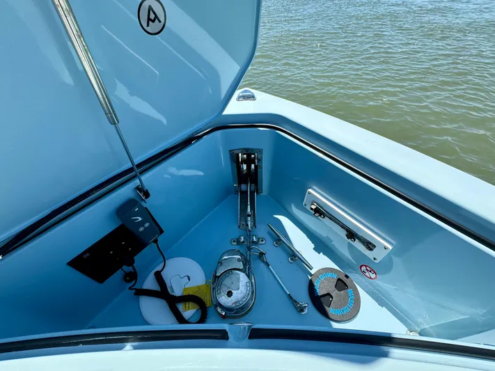  Yacht Photos Pics 2021 Aviara AV32 OB boat anchor compartment with equipment.
