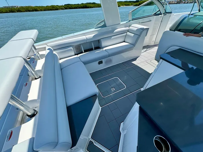  Yacht Photos Pics 2021 Aviara AV32 OB boat interior with luxurious seating and modern design.