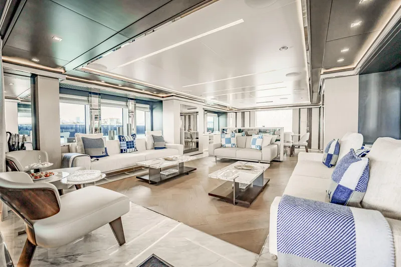 Provocateur Yacht Photos Pics Luxurious interior of 2016 Mondomarine 50 Meters yacht, featuring elegant seating and modern design.