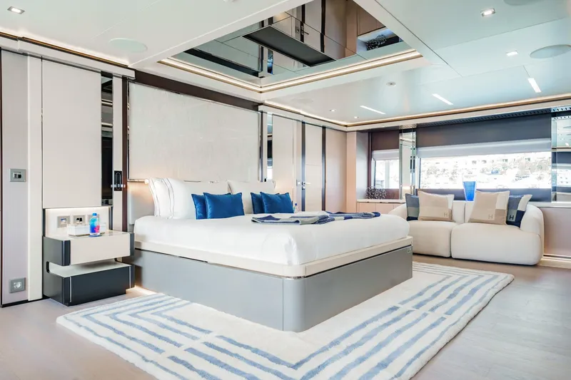 Provocateur Yacht Photos Pics Luxurious Mondomarine 50 Meters yacht bedroom, 2016 model, featuring modern design and elegant decor.