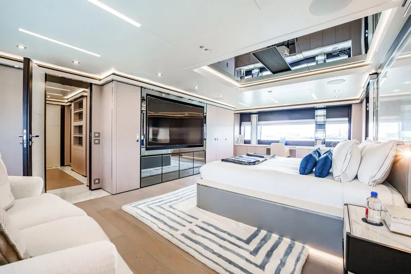 Provocateur Yacht Photos Pics Luxurious Mondomarine 50 Meters yacht bedroom interior, 2016 model, featuring modern design and elegant furnishings.