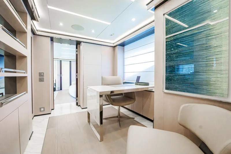 Provocateur Yacht Photos Pics Luxurious office interior on 2016 Mondomarine 50 Meters yacht, featuring modern design and elegant furnishings.