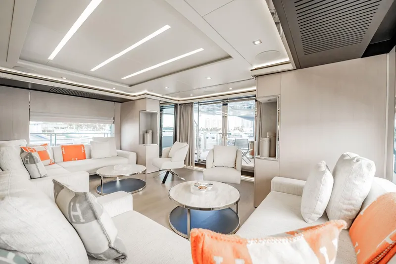 Provocateur Yacht Photos Pics Luxurious interior of 2016 Mondomarine 50 Meters yacht with modern seating and decor.