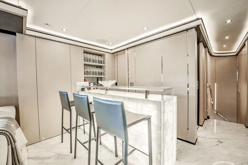 Provocateur Yacht Photos Pics Luxurious Mondomarine 50 Meters yacht interior with elegant bar and modern seating, 2016 model.