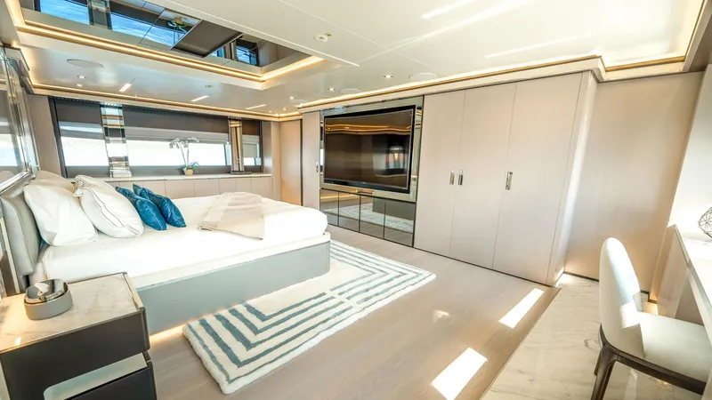 Provocateur Yacht Photos Pics Luxurious Mondomarine 50 Meters yacht bedroom, modern design, spacious layout, elegant decor, 2016 model.