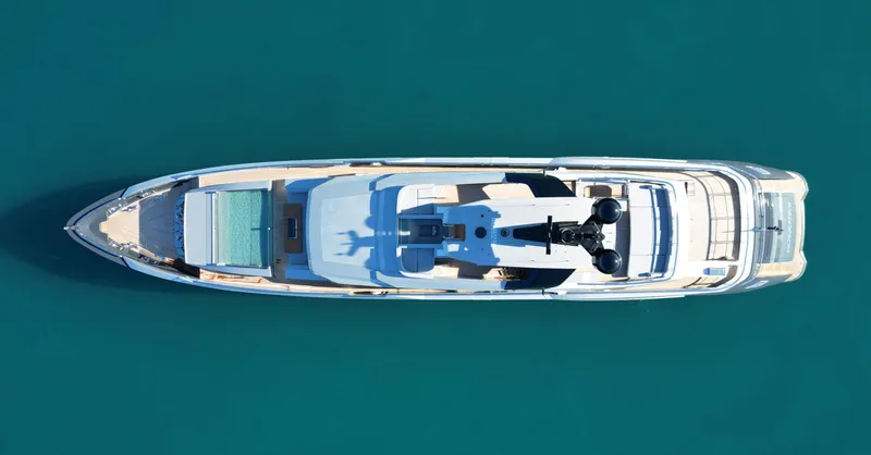 Provocateur Yacht Photos Pics Aerial view of 2016 Mondomarine 50 Meters yacht on blue water.