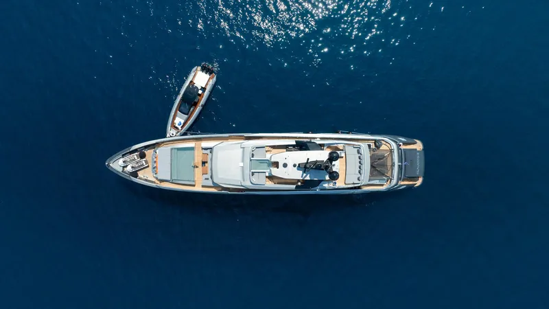 Provocateur Yacht Photos Pics Aerial view of 2016 Mondomarine 50 Meters yacht on blue ocean water.