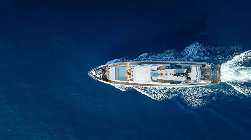 Provocateur Yacht Photos Pics Aerial view of 2016 Mondomarine 50 Meters yacht cruising in deep blue sea.