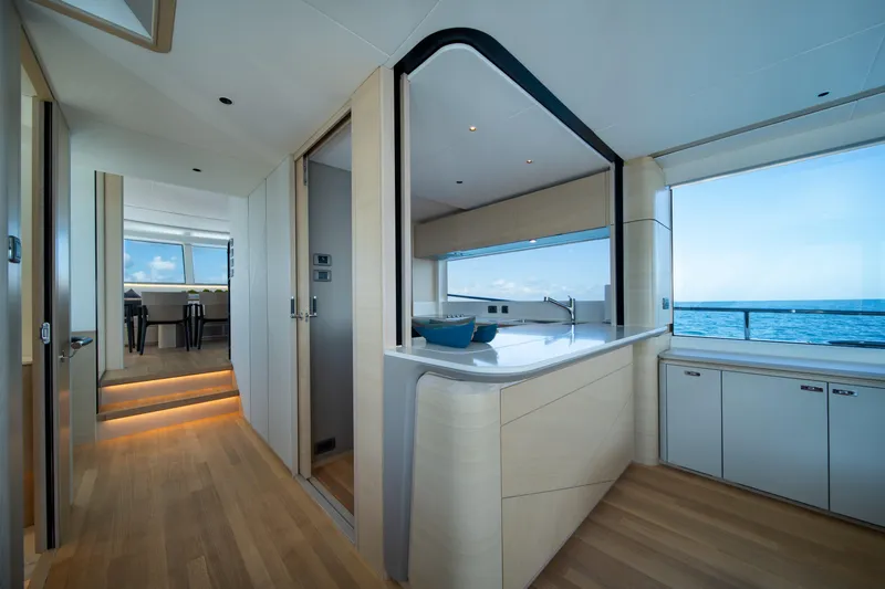 Maravi Yacht Photos Pics Luxurious interior of 2025 Princess X80 yacht with ocean view and modern design.