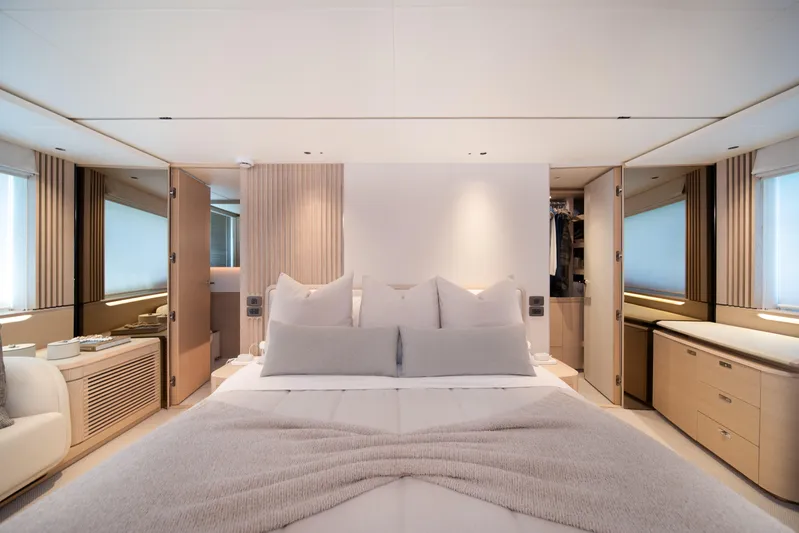 Maravi Yacht Photos Pics Luxurious bedroom interior of 2025 Princess X80 yacht, featuring elegant design and modern amenities.