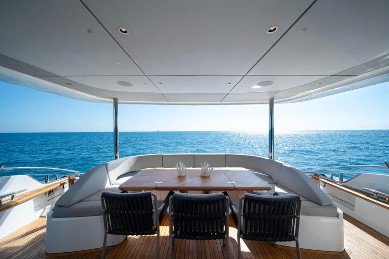Maravi Yacht Photos Pics Luxury yacht Princess X80 2025, featuring elegant outdoor seating with ocean view.
