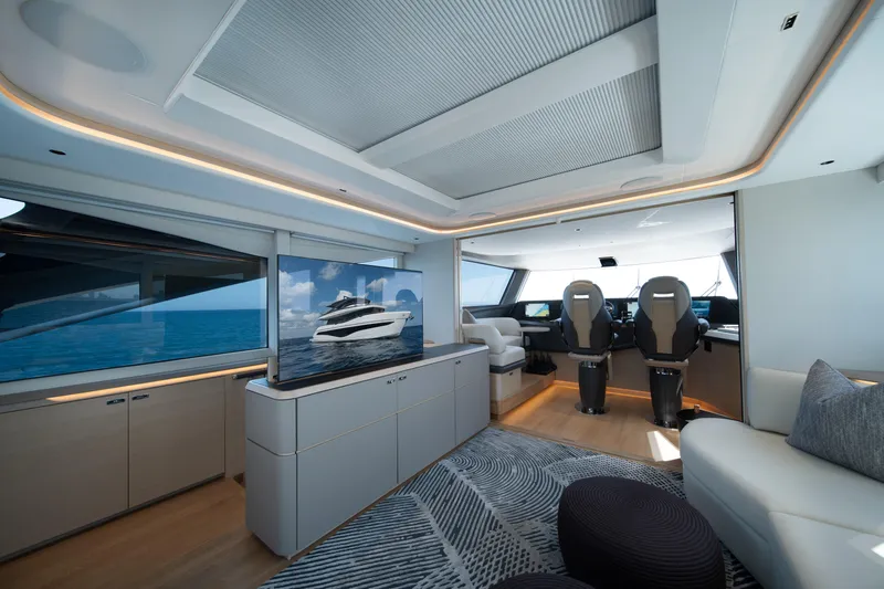 Maravi Yacht Photos Pics Luxurious interior of 2025 Princess X80 yacht with modern design and ocean view.