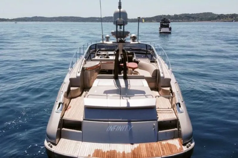 Infinity Yacht Photos Pics 2008 Riva 52 LE yacht on calm sea, rear view, luxury boating.