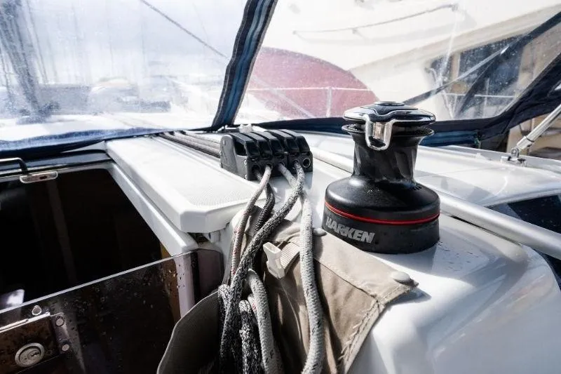  Yacht Photos Pics Cockpit view of 2021 Beneteau Oceanis 40.1 sailboat with Harken winch and ropes.