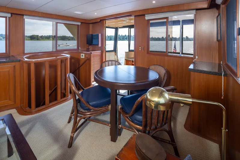 L'apache Yacht Photos Pics Luxurious interior of 2006 Alaskan 65 Flushdeck yacht with elegant wood finishes and lake view.