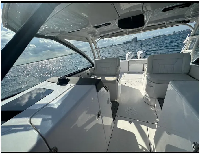  Yacht Photos Pics Interior view of a 2019 Everglades 340 DC boat on the water.