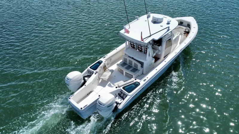 Mermaiden Yacht Photos Pics 2020 Solace 345 boat cruising on open water, aerial view.