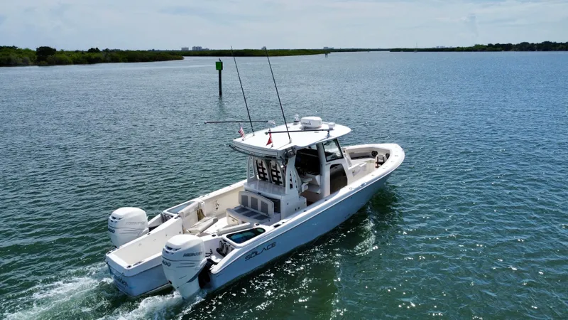 Mermaiden Yacht Photos Pics 2020 Solace 345 boat cruising on a calm waterway.