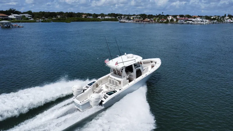 Mermaiden Yacht Photos Pics 2020 Solace 345 boat cruising on a scenic lake.