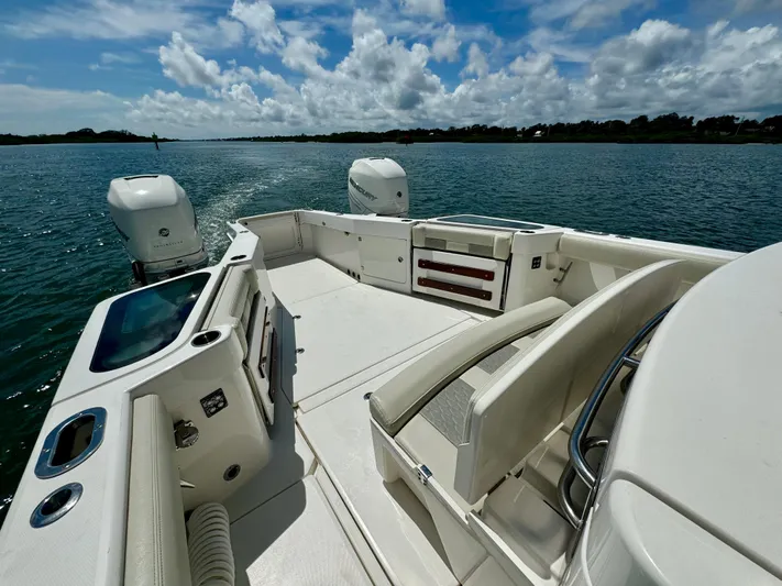 Mermaiden Yacht Photos Pics 2020 Solace 345 boat on water, featuring spacious deck and dual engines.