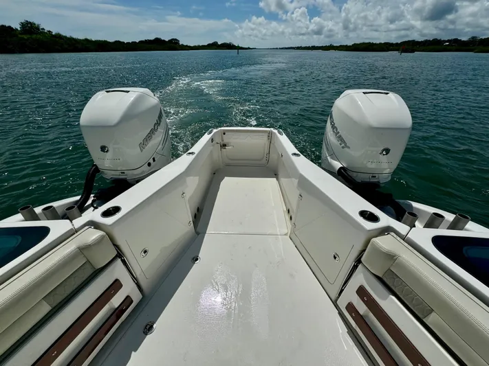 Mermaiden Yacht Photos Pics Solace 345 boat, 2020 model, cruising on a sunny day with twin engines.