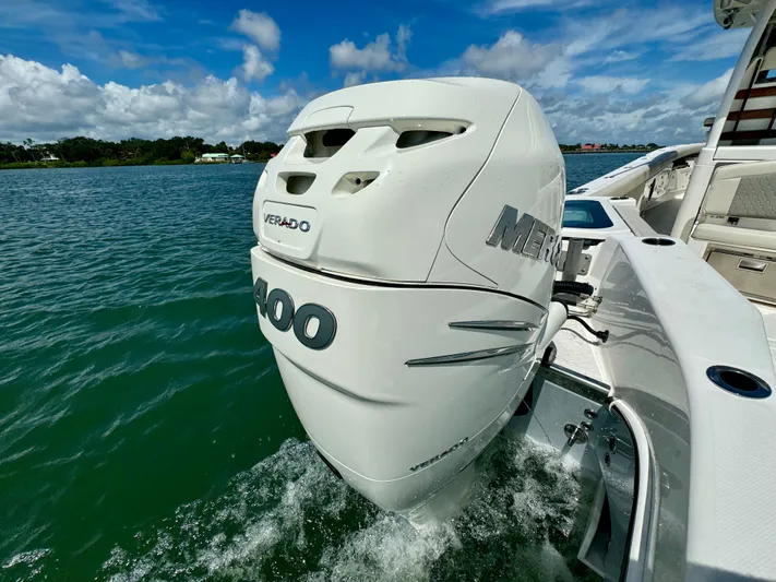 Mermaiden Yacht Photos Pics Solace 345 boat with Mercury Verado 300 outboard engine on water, 2020 model.