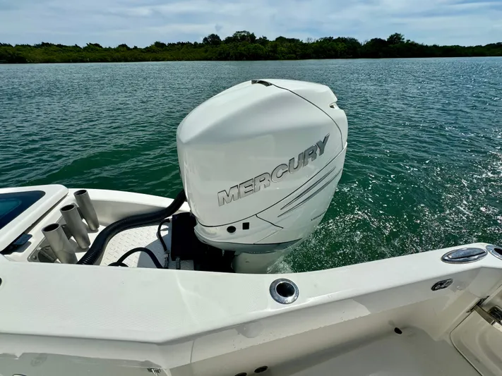Mermaiden Yacht Photos Pics Solace 345 boat with Mercury outboard motor on a sunny day, 2020 model.