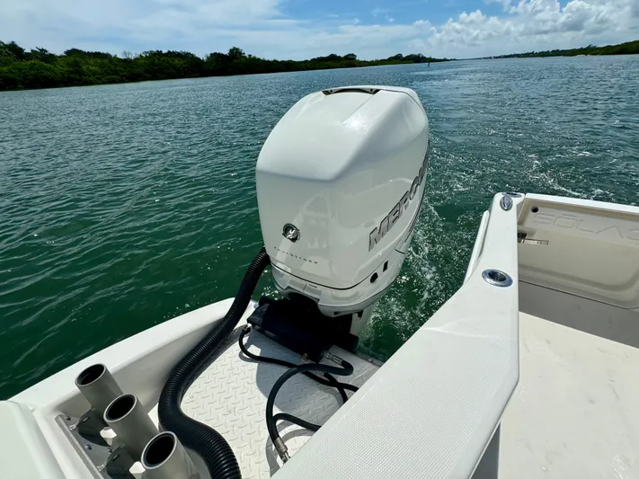 Mermaiden Yacht Photos Pics Solace 345 boat with Mercury outboard motor on a sunny day, 2020 model.