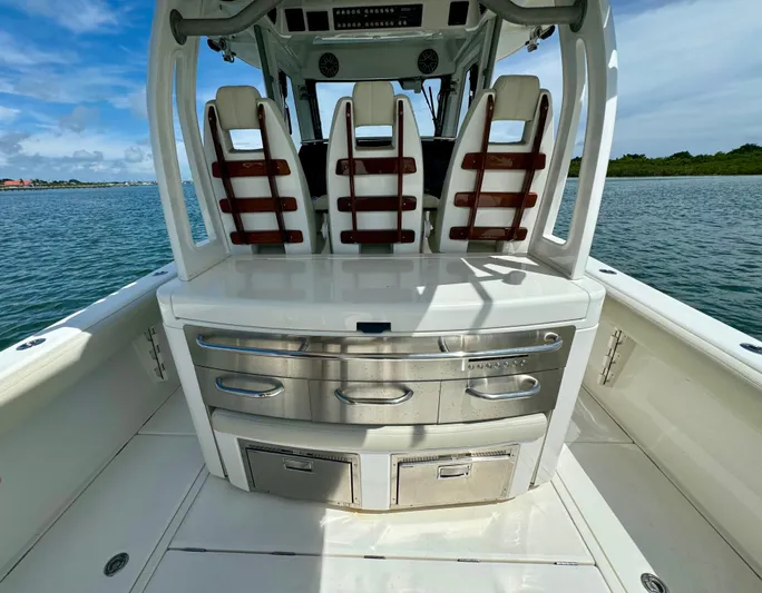 Mermaiden Yacht Photos Pics 2020 Solace 345 boat interior with seating and storage on a sunny day.