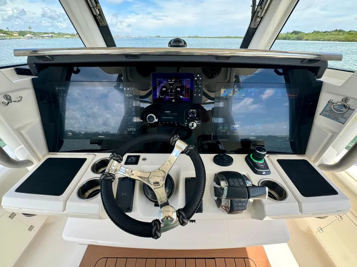 Mermaiden Yacht Photos Pics 2020 Solace 345 boat dashboard with advanced navigation controls and dual screens.
