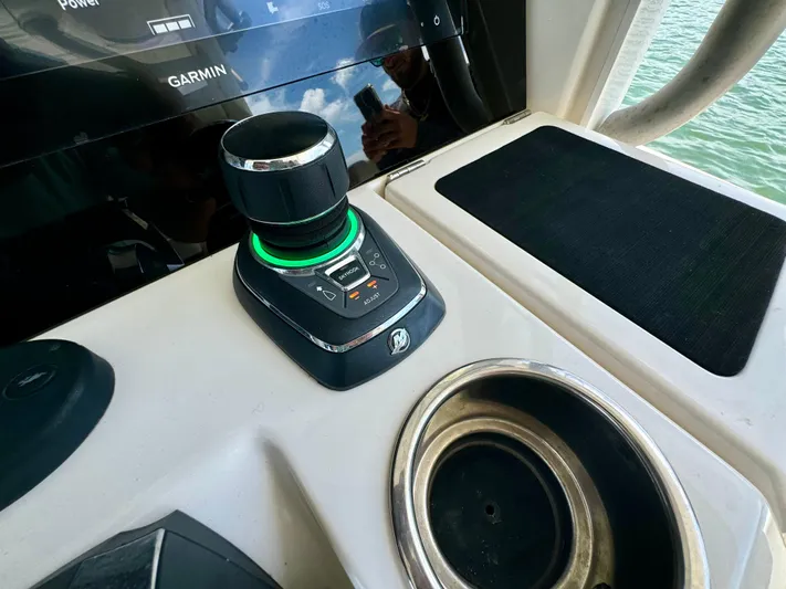 Mermaiden Yacht Photos Pics Boat control panel with joystick, Solace 345, 2020 model, featuring Garmin display.