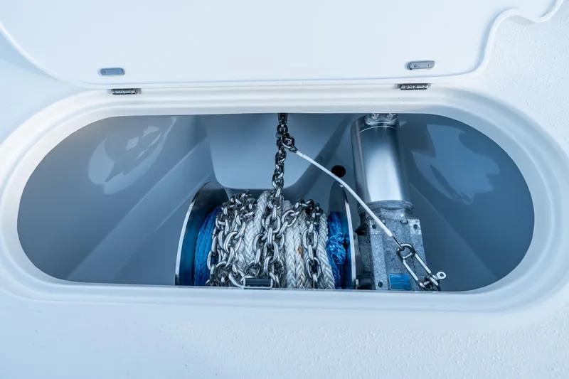  Yacht Photos Pics Anchor chain compartment of 2023 Yellowfin 42 Offshore boat, featuring secure storage.
