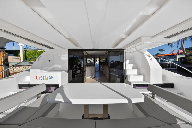  Yacht Photos Pics 2024 Leopard 46 Powercat yacht interior with sleek design and spacious seating area.