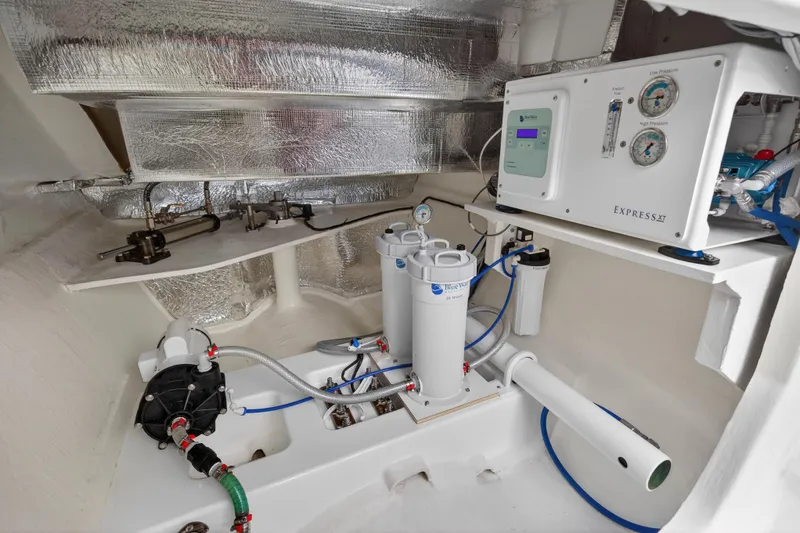  Yacht Photos Pics Engine room of 2024 Leopard 46 Powercat with advanced filtration system and control panel.