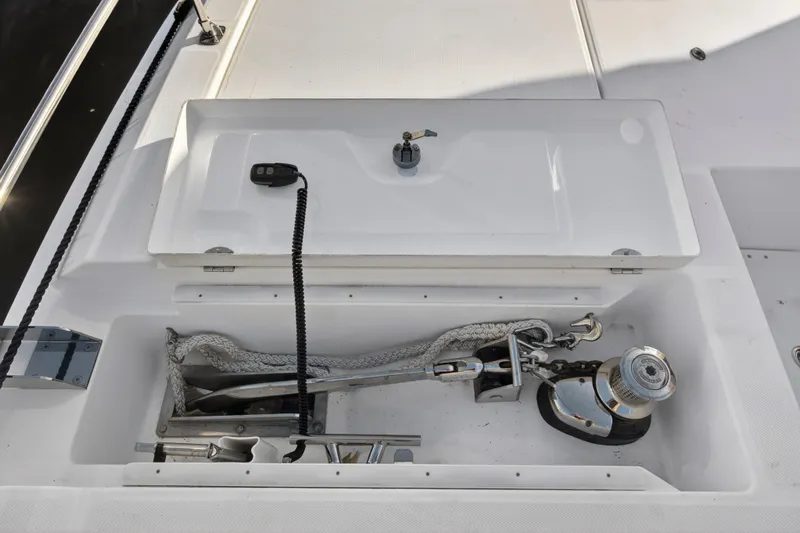  Yacht Photos Pics 2024 Leopard 46 Powercat anchor locker with winch and rope storage.
