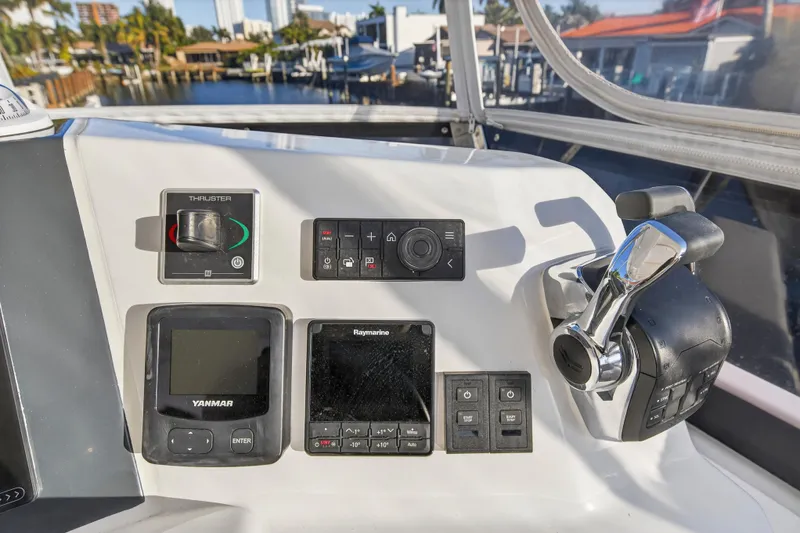  Yacht Photos Pics Control panel of 2024 Leopard 46 Powercat with navigation and throttle systems.