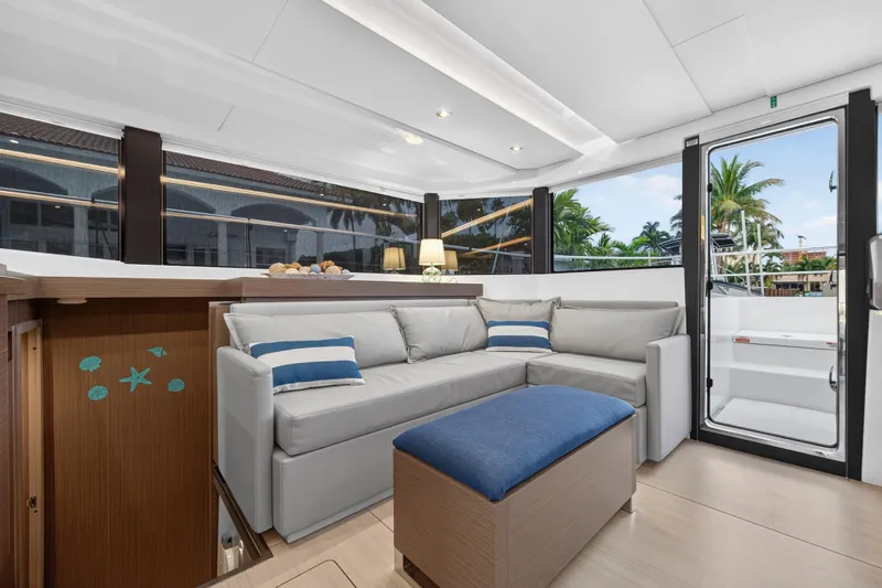  Yacht Photos Pics Luxurious interior of 2024 Leopard 46 Powercat yacht with modern seating and decor.