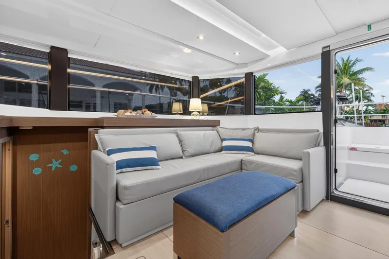  Yacht Photos Pics Luxurious interior of 2024 Leopard 46 Powercat yacht with modern seating and decor.