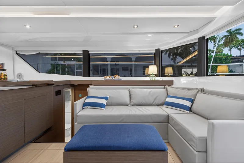  Yacht Photos Pics Luxurious interior of 2024 Leopard 46 Powercat with modern seating and elegant decor.