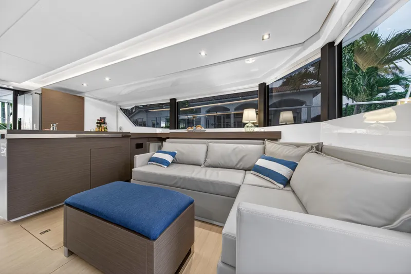  Yacht Photos Pics Luxurious interior of 2024 Leopard 46 Powercat yacht with modern seating and elegant decor.