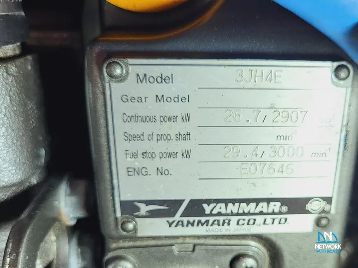  Yacht Photos Pics Yanmar engine plate on a 2008 Hanse 400 sailboat, model 3JH4E, showing specifications.